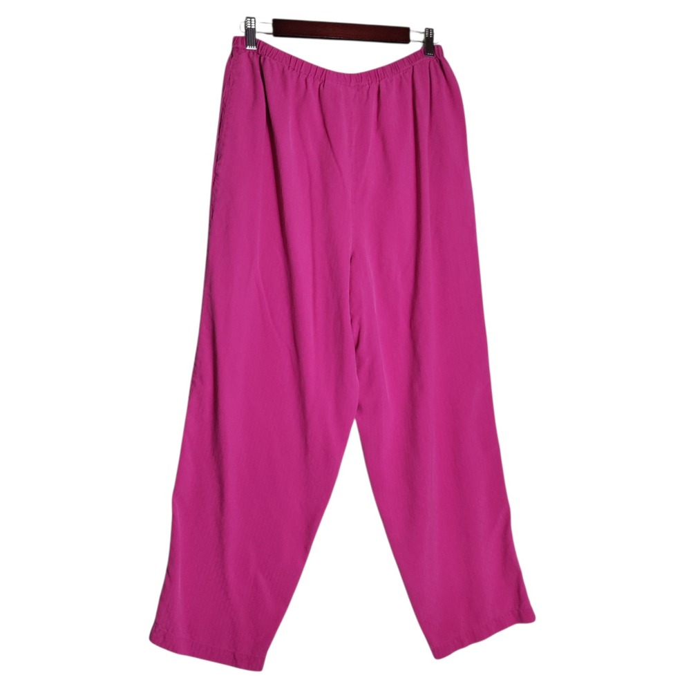 MJ Carroll Hot Pink 100% Silk Wide Leg Pants Elastic Waist Textured Stripe L